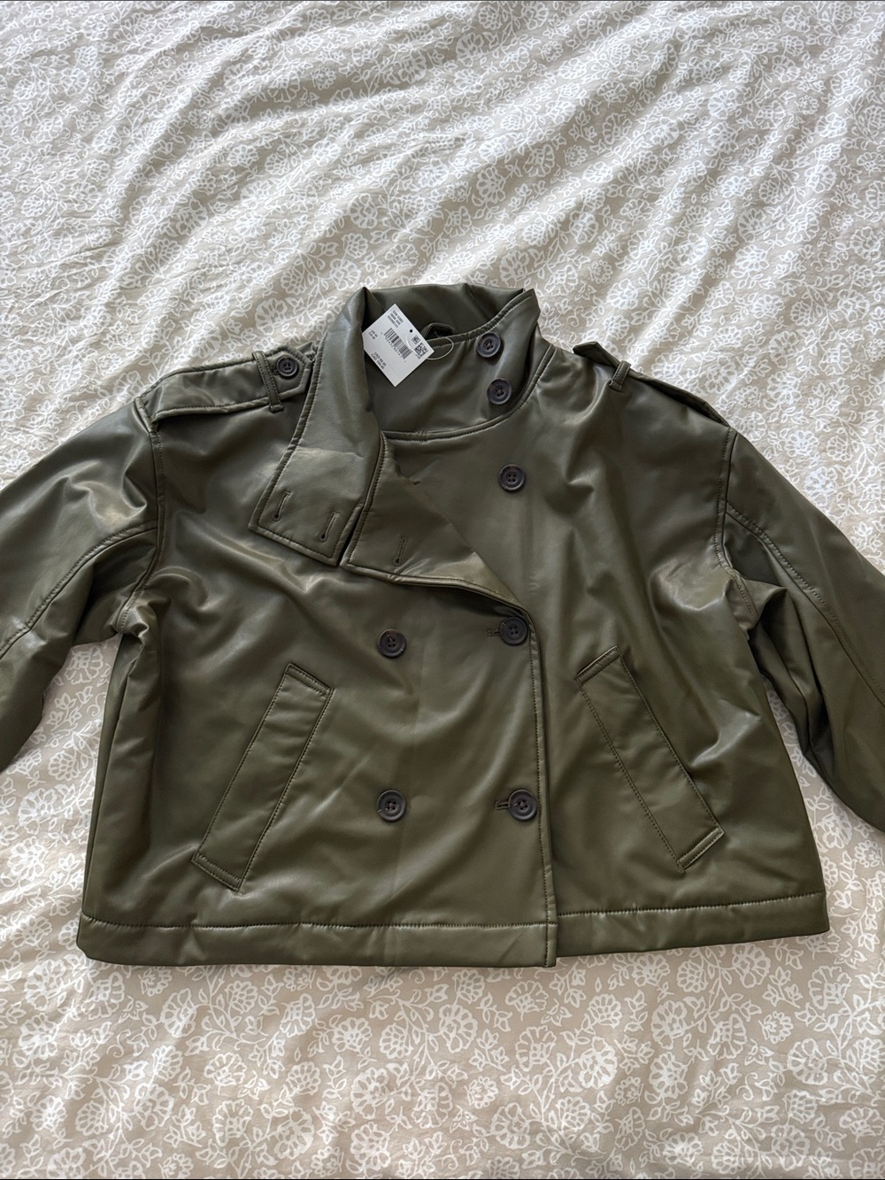 Olive Green Faux Leather Double-Breasted Jacket
